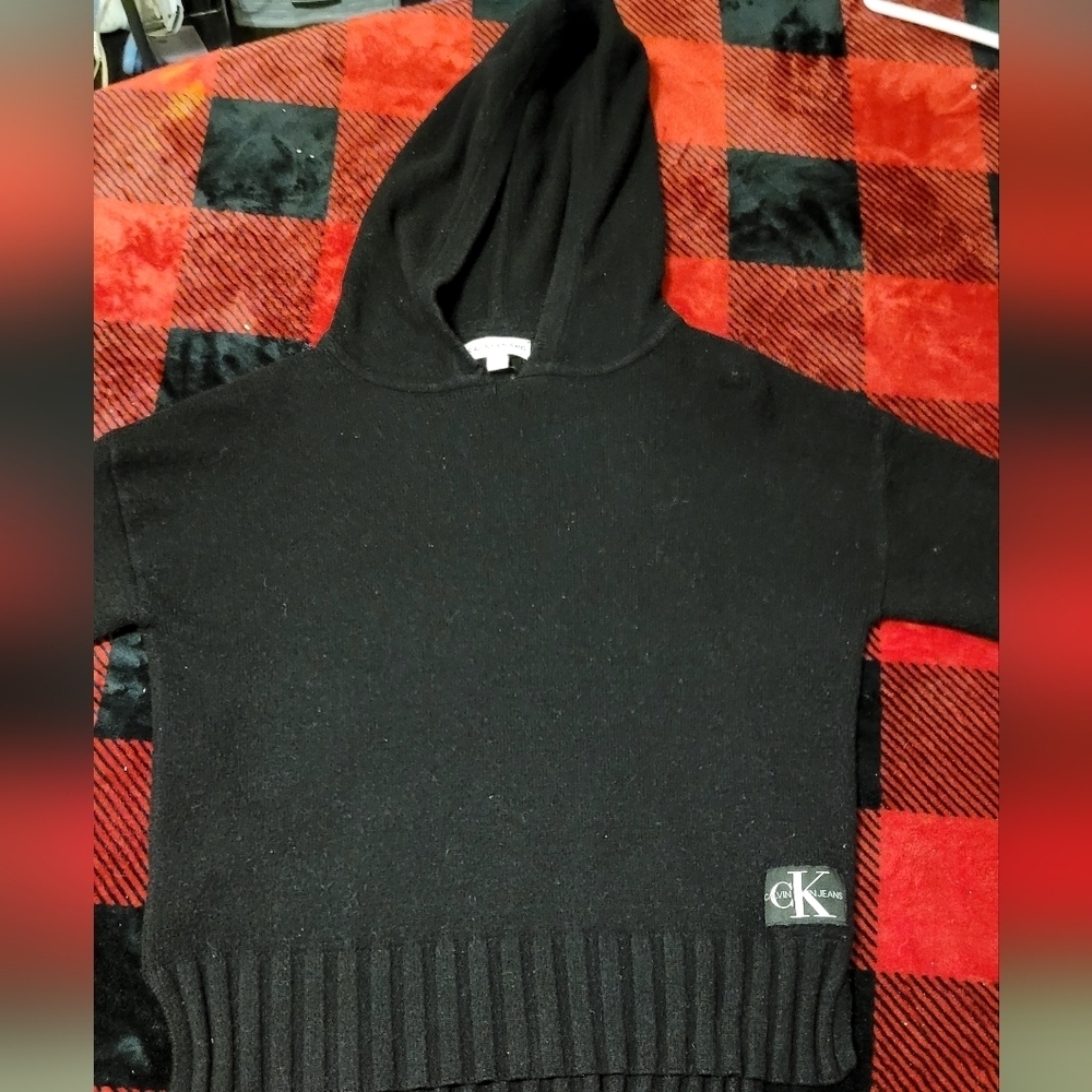 Calvin Klein Woman’s black Side Slits Hoodie Knitted Sweater. Size XS